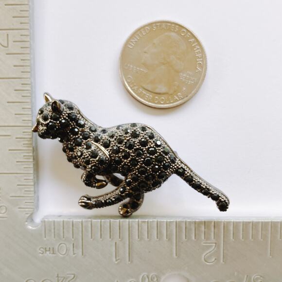 Black Rhinestone Brooch Figural Running Cat Silver Tone Sparkly Costume Jewelry - Picture 10 of 10